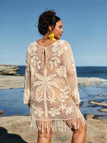 Travachic Plus Size Women Tropical Vacation Summer Beach Cover Up, Loose Knitted Coconut Tree Pattern Round Neck Drawstring Sexy Short Dress Country Concert Outfit, Sarong