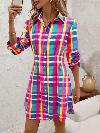 SHEIN Clasi Women's New Fashion Color Plaid Print Shirt Dress For Commute, Work, Street, Dating Outfit Saint John 2025 Dresses For Women Summer Dresses For Women Graduation Dress,Bohemian Clothes