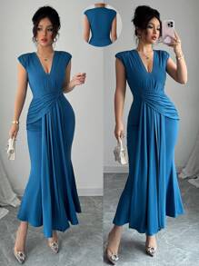 Rafferiza Elegant V-Neck Solid Color Fitted Midi Dress For Women