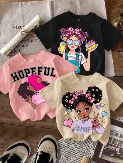 SHEIN 3pcs/Pack Tween Girls Casual Cartoon Print Graphic T-Shirts, Pack Of Multiple For Summer