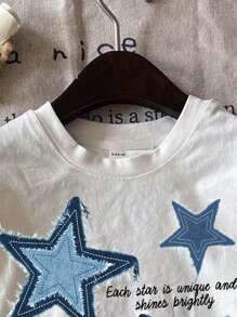 SHEIN Leap Crew 青少年女孩休閒簡約星星印花T恤，夏季 - 白色 - 查看 3