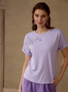 MOTF PREMIUM FAUX PEARL DETAIL EMBROIDERY T-SHIRT - Mauve Purple - View 5
