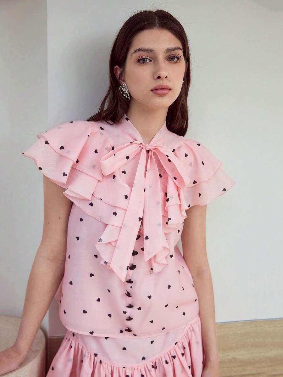 MOTF STUDIO Blusa con volantes estampada con corazones - Rosa - Ver 2