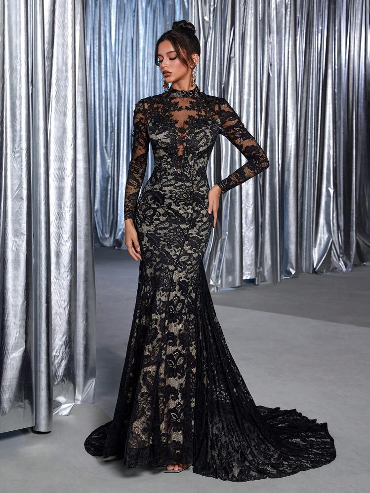 SHEIN Belle Elegant Luxurious Embroidered Stretchy Lace Sheer Long Sleeve Mermaid Dress With Removable Bow Backless Train Suitable For Wedding, Party, Bachelorette Event, Vacation, Bride, For Valentine's Day - Black - View 4