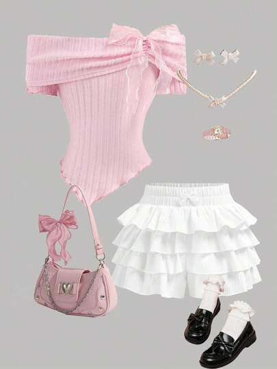 Girlism Blusa ajustada y dulce de manga larga con hombros descubiertos, fruncida, lazo decorativo y bajo asimétrico para niña preadolescente, en color rosa, con falda-pantalón corta de color liso. Adecuado para fiestas, vuelta al colegio, estilo dama, estilo princesa, reuniones de cumpleaños, lindo, picnic familiar de primavera, uso diario