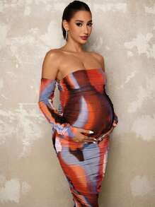 MaterniChic Stylish Maternity Maxi Dress: Off-The-Shoulder Knitted Ruched Dress With Long Sleeves In Multicolor Print - Multicolor - View 2