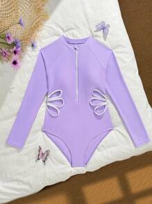 Wildeya Teen Girls Cutout Zipper Contrast Trim Long Sleeve One-Piece Swimsuit