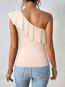 SHEIN Privé 女士纯色时尚修身荷叶边斜肩上衣