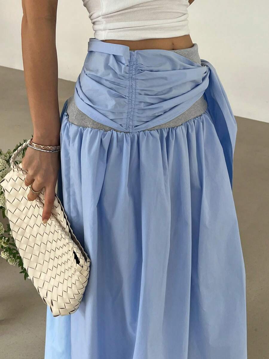 DAZY Falda larga de mujer con cintura con cordón y parches de colores contrastantes - Azul - Ver 1