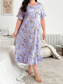 Plus Size Women Floral Print Round Neck Short Sleeve Ruffle Hem Long Sleep Dress Perfect Summer, Moo Moo Sleep Dress - Purple - View 6