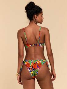 Travachic Women Green Tropical Print Swimsuit Set,Summer Boho Bikini Set,Beach Vacation Holiday Outfits,Elegant High Waisted Bathing Suit,Thong Rave Clothes - Multicolor - View 2