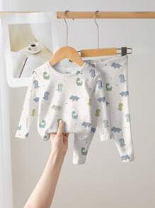 SHEIN Young Boy Dinosaur Graphic Casual Minimalist Snug Fit Long Sleeve Crew Neck Top And Long Pants Sleepwear, Thick Stretchy Suitable For Autumn/Winter