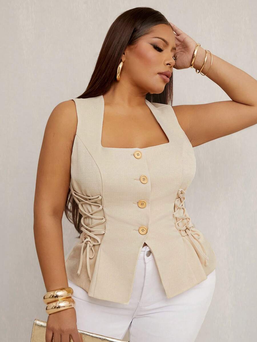 SHEIN SXY Plus Size Summer Casual Solid Color Cross Strap Vest - Apricot - View 1