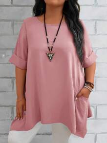 EMERY ROSE Blusas informales holgadas para mamá de talla grande, de cuello redondo, manga corta y bolsillo doble, en color azul, para verano