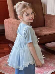 Hapijoa 2pcs/Set Girls(Small) Solid Color Undershirt With Mesh Overlay, Casual Summer Outfit