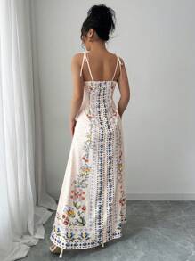 Rafferiza 1 pieza Vestido suelto con estampado floral y tirantes de espagueti para mujer, casual para playa/vacaciones