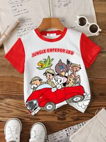 Kimba The White Lion X SHEIN Young Boy Cartoon Car Print Round Neck Short Sleeve T-Shirt, Summer Cute Casual Tee