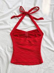 Soleia 白色针织纹理修身吊带背心，V 领和金属扣吊带，适合度假、音乐节、波西米亚风、休闲约会 - 紅色 - 查看 2