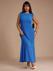 SHEIN Unity Women's Plus Size Blue Sleeveless Textured Fitted Maxi Dress - Blue - View 1