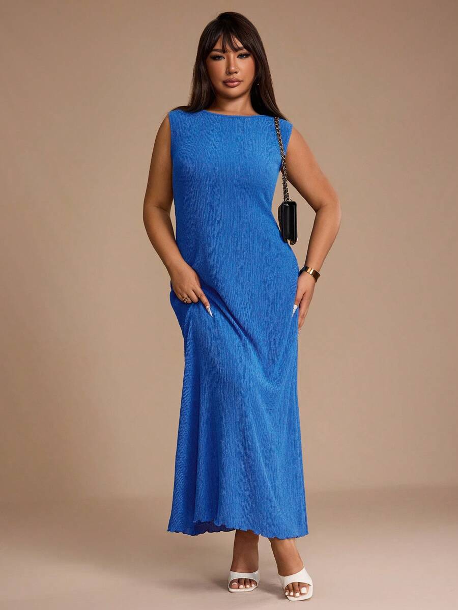 SHEIN Unity Women's Plus Size Blue Sleeveless Textured Fitted Maxi Dress - Blue - View 1