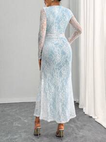 Rafferiza 优雅紧身 U 领长袖白色蕾丝美人鱼下摆白色连衣裙，适合女士，秋冬季长款女装 - 彩色 - 查看 2