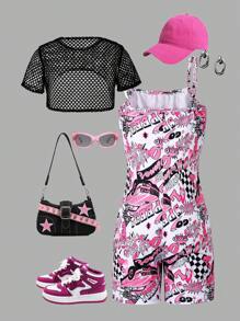 Tween Girls Cartoon All-Over Print Jumpsuit With Short Sleeve Cover-Up - Multicolor - View 2