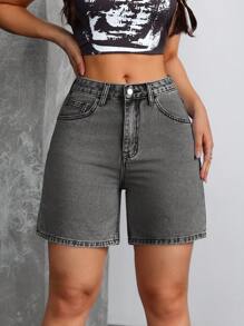 SHEIN Tall Women's Casual Black Denim Shorts: Zipper Detail High-Waisted Short Jeans For Summer - Black - View 3