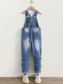 青少年男孩都市街头酷炫儿童经典复古破洞弹力紧身牛仔连体裤，侧腰纽扣开合，紧身弹力，可调节星形拉链，背面有扁平口袋 - 淺色水洗藍 - 查看 2