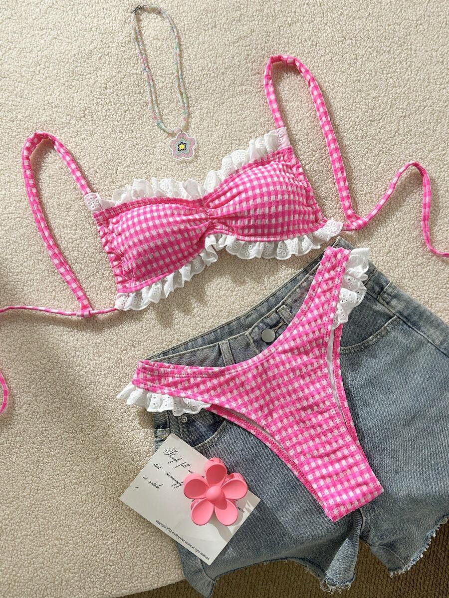Swim Mod Pink Plaid Ruffle Trim Spaghetti Strap Tankini Swimwear Set For Women, Summer - Hot Pink - View 1