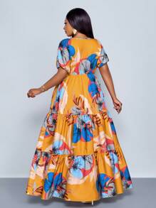 SOLERSUN Rochie maxi cu decolteu în V mare, de primăvară și vară, cu imprimeu floral pe lungime, lejer, mare, vacanta la plajă, vacanță la malul mării, rochie florală de vară, rochie lungă - Galben - Vizualizare 2