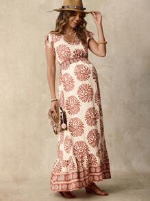 Boho Mama Boho Maternity Maxi Dress: Woven Fabric, Cap Sleeve, V Neck, Floral Print, And Flounce Hem For Summer - Multicolor - View 3