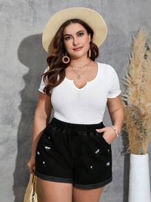 SHEIN LUNE 大码夏季休闲刺绣流苏牛仔短裤 - 黑色 - 查看 5