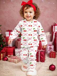 SHEIN Leap Crew Baby Girl Cherry Bow Pattern Cute Casual Minimalist Comfortable Thick Snug Fit Long Sleeve Top & Long Pants Pajama Set, Suitable For Autumn/Winter - Multicolor - View 4