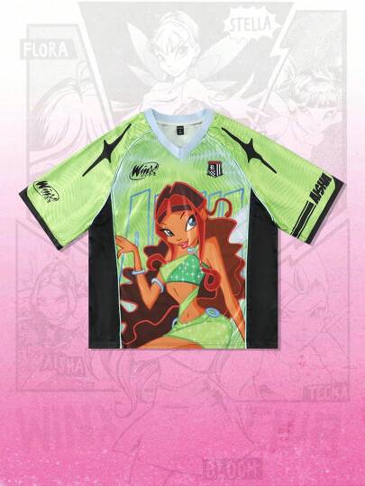 Winx Club X ROMWE Men's Anime Colorblock Figure Graphic Mesh Sports Short Sleeve T-Shirt, Athletic Jersey