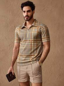 Manfinity ModaGents Set de 2 piezas de camisa polo de punto con cremallera y rayas, y shorts casuales para hombre, conjunto de polo ajustado