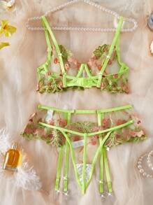 SHEIN Conjunto de 3 piezas de sujetador inalámbrico con bordado para mujer
