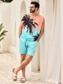 Manfinity VCAY Camisa de manga corta casual y entallada para hombres con estampado de ombre de palmeras y cielo, adecuada para el verano