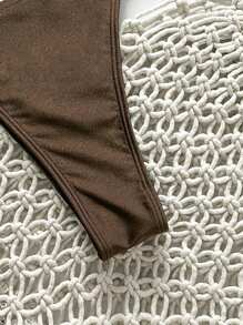 Swim Vcay Women's Summer Solid Color Thong Bikini Bottom - Coffee Brown - View 4