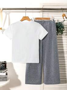 SHEIN 2pcs/Set Tween Boy Casual Letter Print Crew Neck Short Sleeve Top And Loose Knit Pants Pajama Set - White - View 2