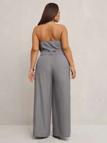 SHEIN SXY Conjunto de 2 piezas elegante y sexy para mujer talla grande para primavera y verano: Top de tirantes ajustado gris + Pantalones rectos de doble botonadura con cintura ancha a juego, apropiado para uso diario