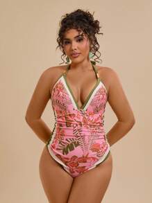 Travachic Plus Size Tropical Floral Print Halter Tie Front One Piece Swimsuit For Women Summer