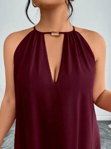 Elenzga 女士时尚优雅纯色无袖宽松大码连衣裙，情人节红色新年 - 酒紅色 - 查看 3