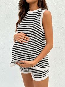 SHEIN 2pcs/Set Maternity Striped Crew Neck Sleeveless Knit Top And Knitted Shorts - Black and White - View 6