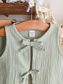 SHEIN Vintaside Kids 女宝宝简约双层雪纺无袖蝴蝶结上衣和长裤套装，春夏 - 綠色 - 查看 3