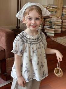 DAZY Young Girls All-Over Floral Print Nature Style Cute Long Sleeve Shirt, Summer - Apricot - View 3