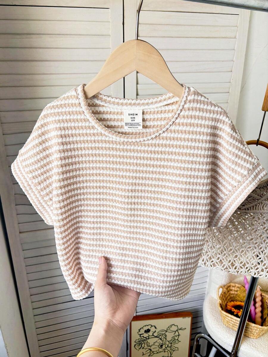 SHEIN 青少年女孩纹理提花宽松落肩短袖 T 恤，秋季上衣