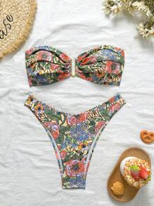 Swim Vcay Women's Two Pieces Tropical Print Bandeau Bikini Set Set With Metal Decor, Casual Resort Bikini For Summer Beach Vacation - Multicolor - View 1