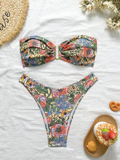 Swim Vcay Women's Two Pieces Tropical Print Bandeau Bikini Set Set With Metal Decor, Casual Resort Bikini For Summer Beach Vacation