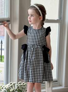 SHEIN LMoss Kids Young Girl Woven Plaid Round Neck Ruffle Bow Casual Dress, Suitable For Outdoor, Party & Other Occasions - Black and White - View 3