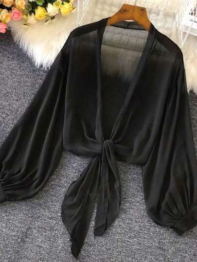 INAWLY Women's Thin Lantern Sleeve Tied Waist Cardigan, Summer